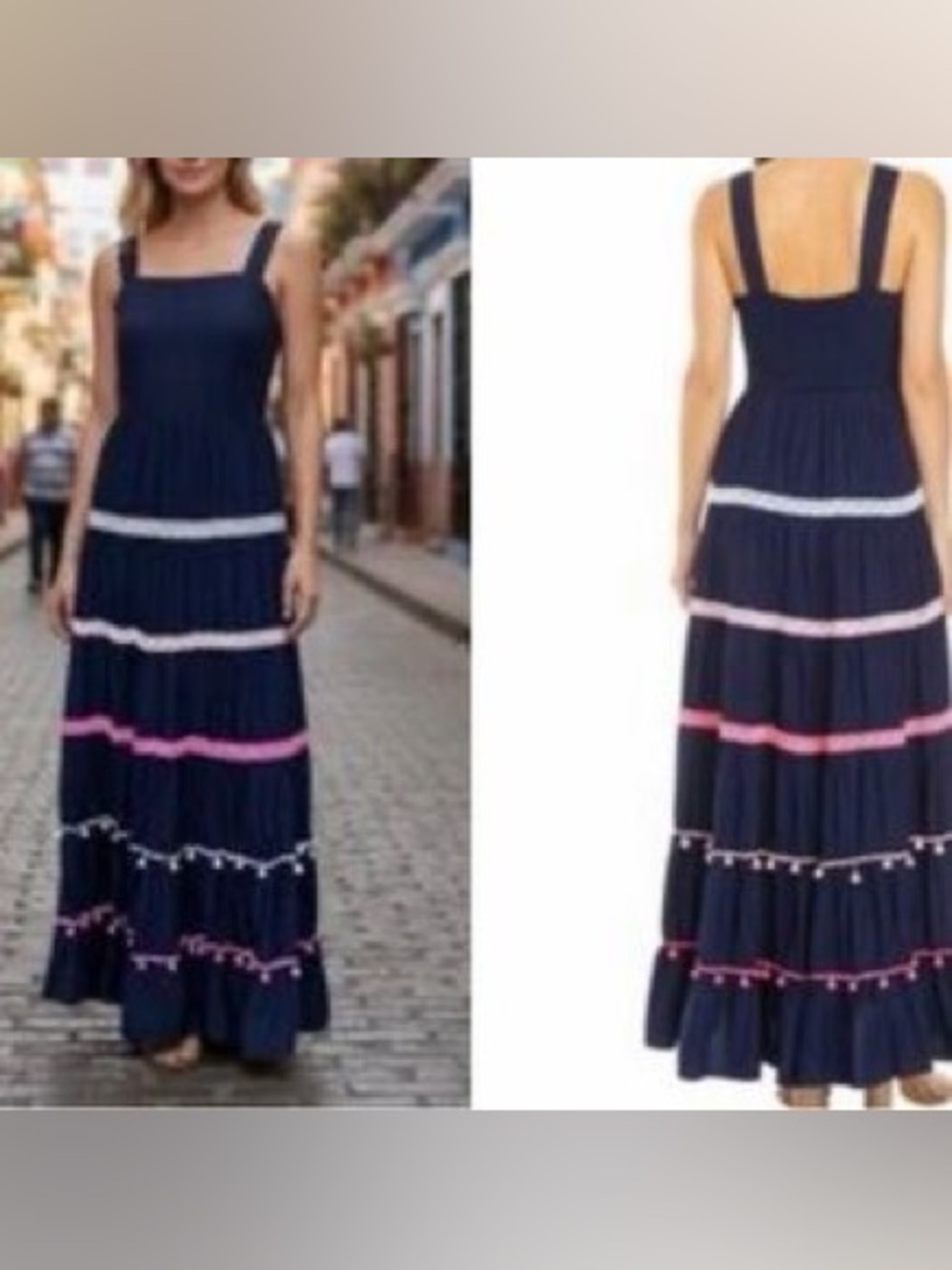 crown & ivy Navy Maxi Sundress Pink and White Lace Accents Sz S Boho Cottagecore - Picture 2 of 9